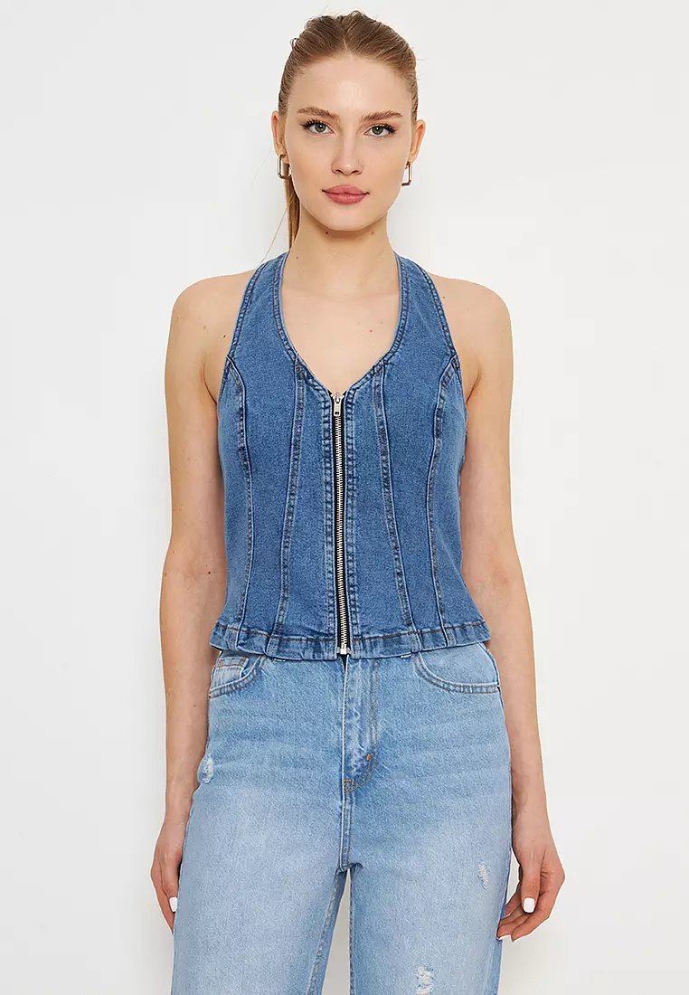 Light Blue Front Zippered Halter Neck Fitted Denim Blouse