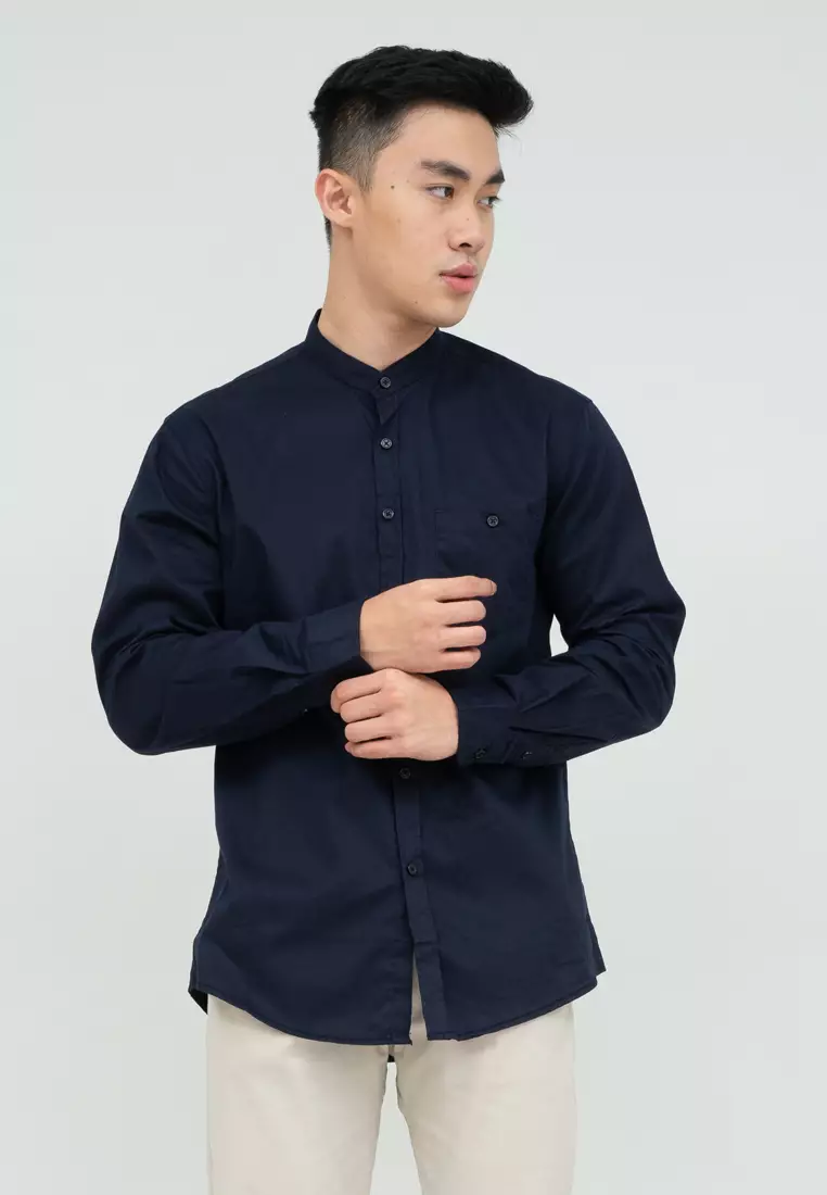 Houseofcuff kemeja Koko Lengan Panjang Pria Navy Gelap Saku Kancing