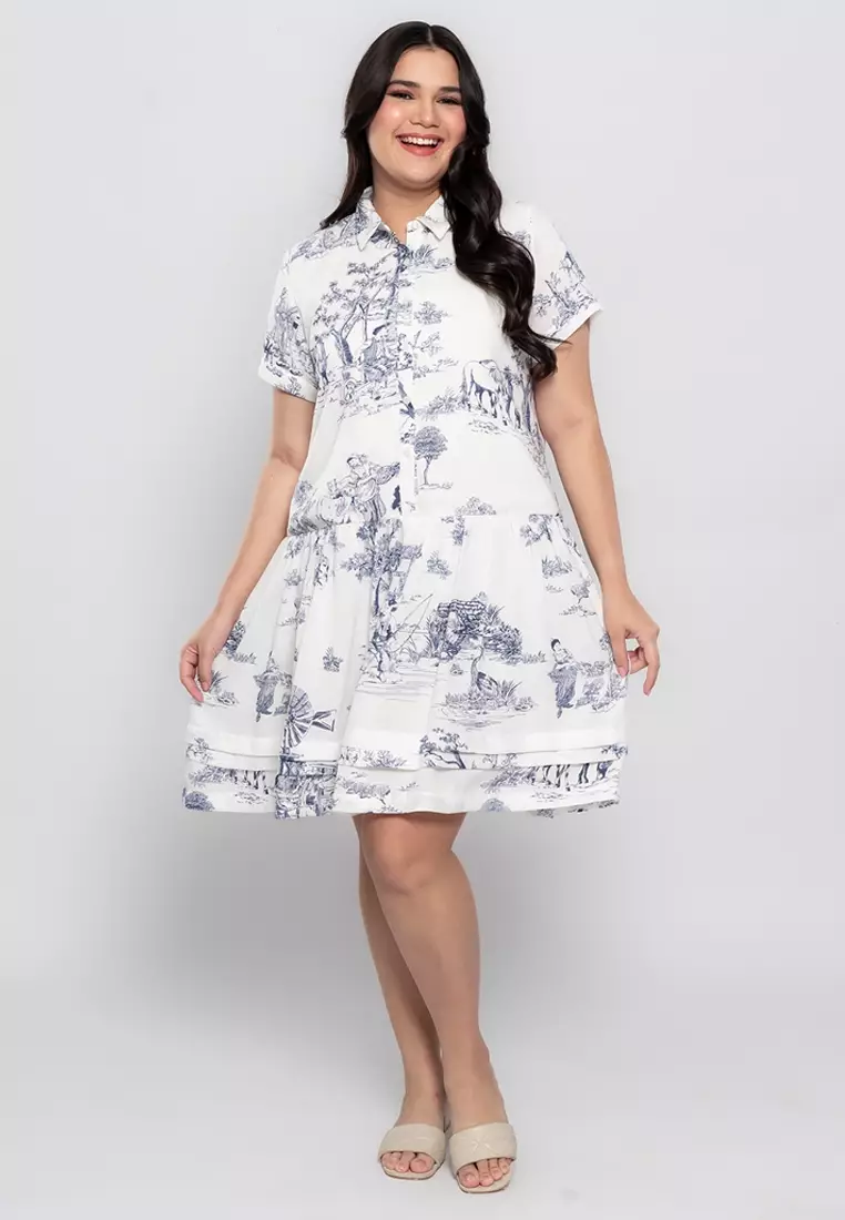 Milly Plus Size Magnolia Flounce Hem Shirt Dress in Graphic Nature Print