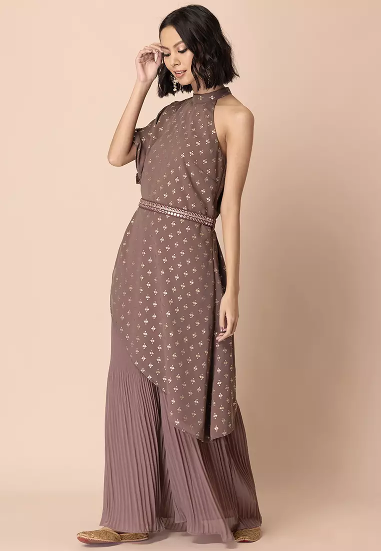 Dusty Pink Foil One Shoulder Belted High Low Kurta