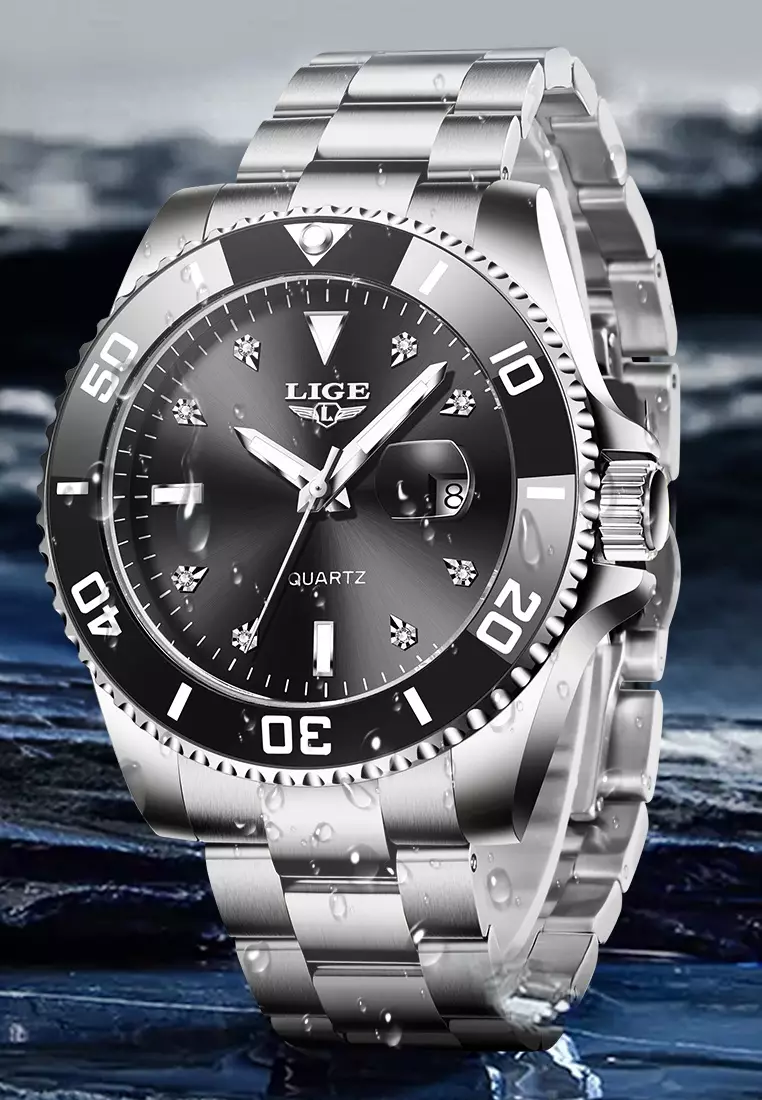 Unisex Classic Diver's Stainless Steel Quartz Watch, Stainless Steel Bracelet