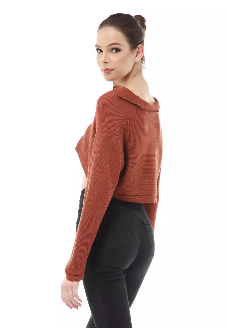 Albertine Atasan Crop Wanita Lengan Panjang Blouse Vneck Motif Polos Material Rajut ORIGINAL - Brown