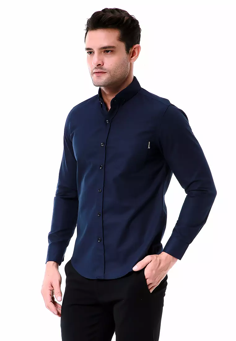 Leopold Kemeja Basic Pria Motif Polos Long Sleeve Material Cotton ORIGINAL - Navy