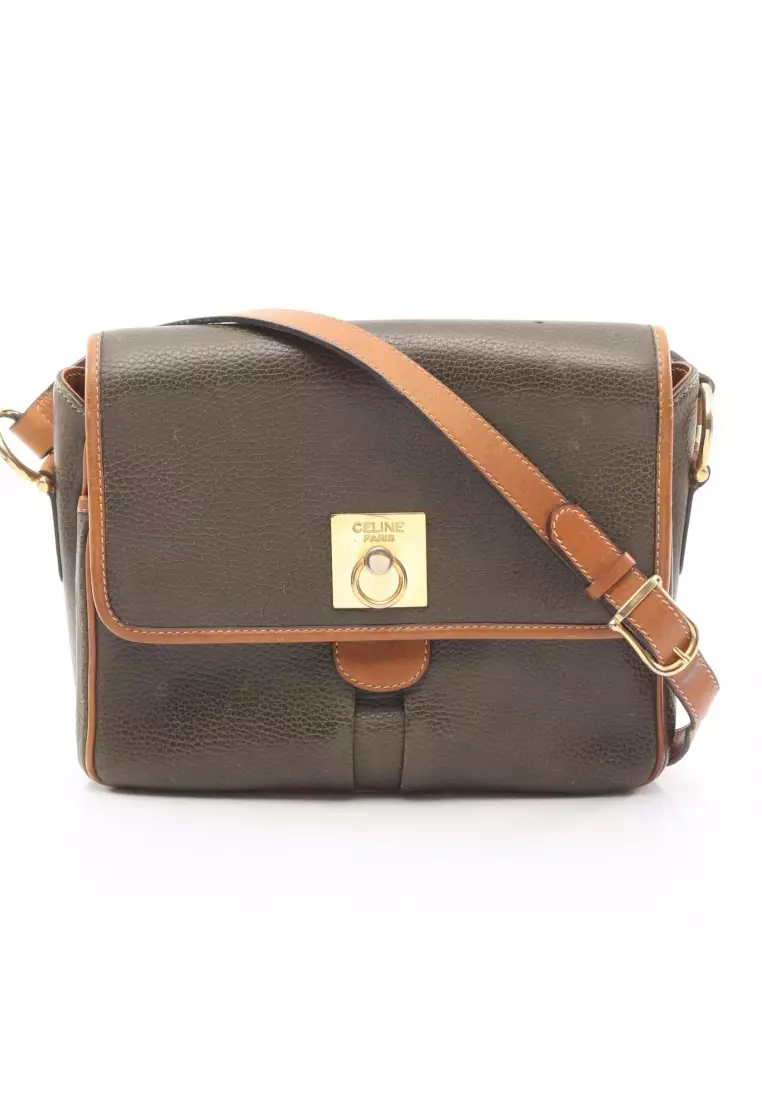 CELINE ロゴポーチ ダークグリーン/ブラウン Buy Celine Pre-Loved Celine Gancini Shoulder bag leather Khaki