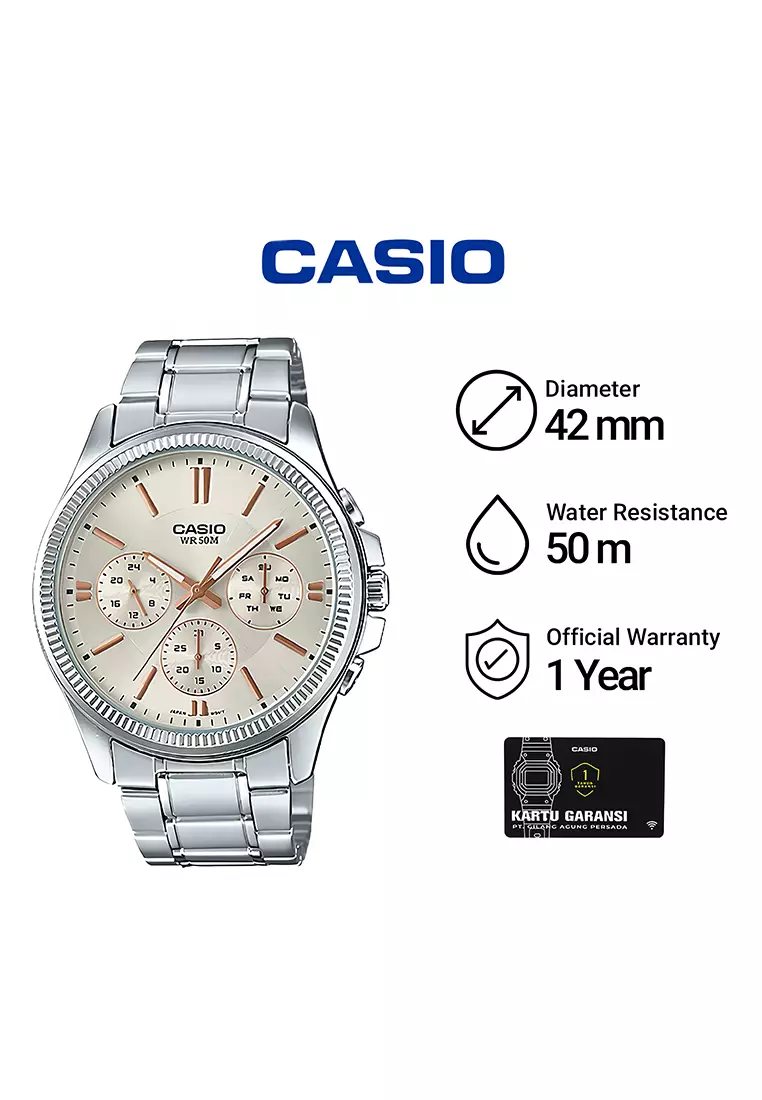 Casio Chronograph MTP-1375D-7A2 Jam Tangan Analog Pria - Beige Dial Silver Stainless Steel