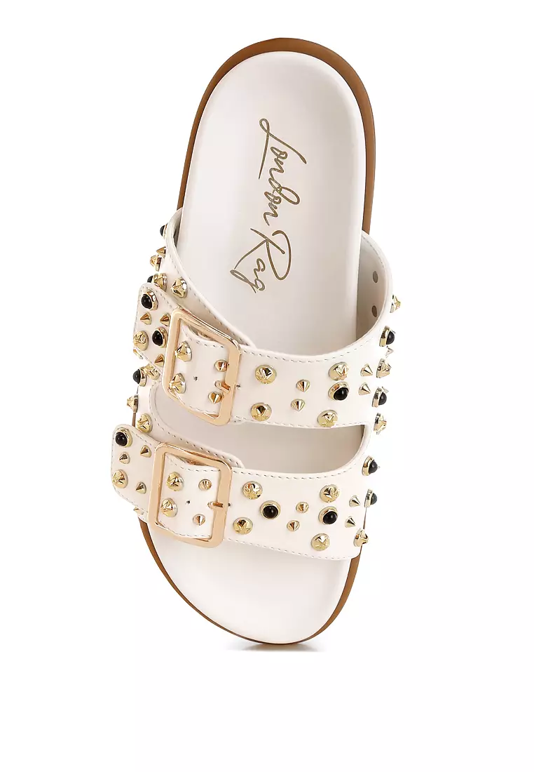 Metallic Stud Embellished Sliders In White