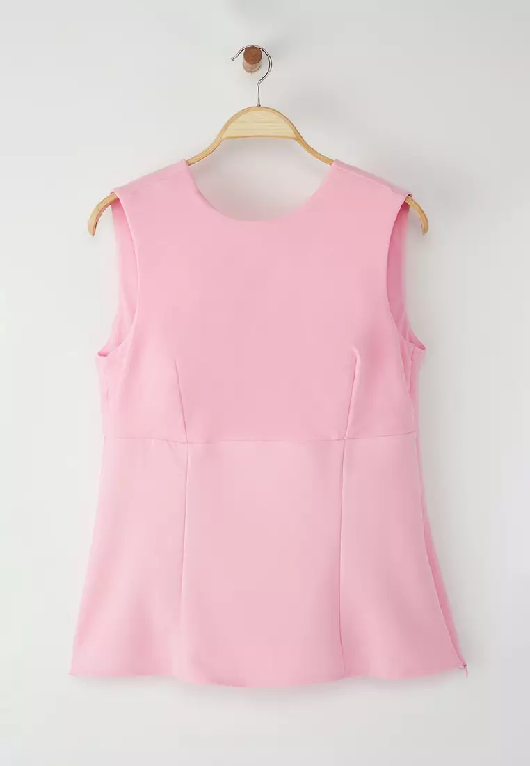 Pink Sleeveless Backless Bowknot Stylish Woven Plus Size Blouse TBBSS25AF00089