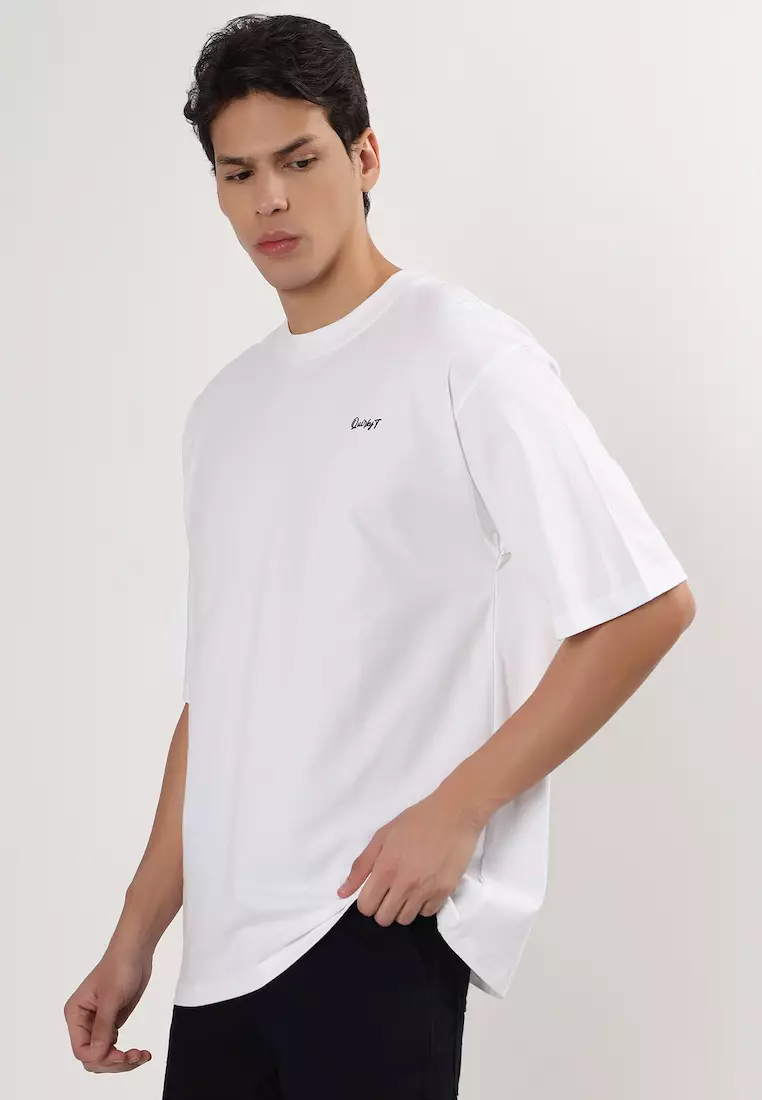 龙武士白色图案棉质宽松T恤/T恤，男士，圆领，短袖，街头潮流