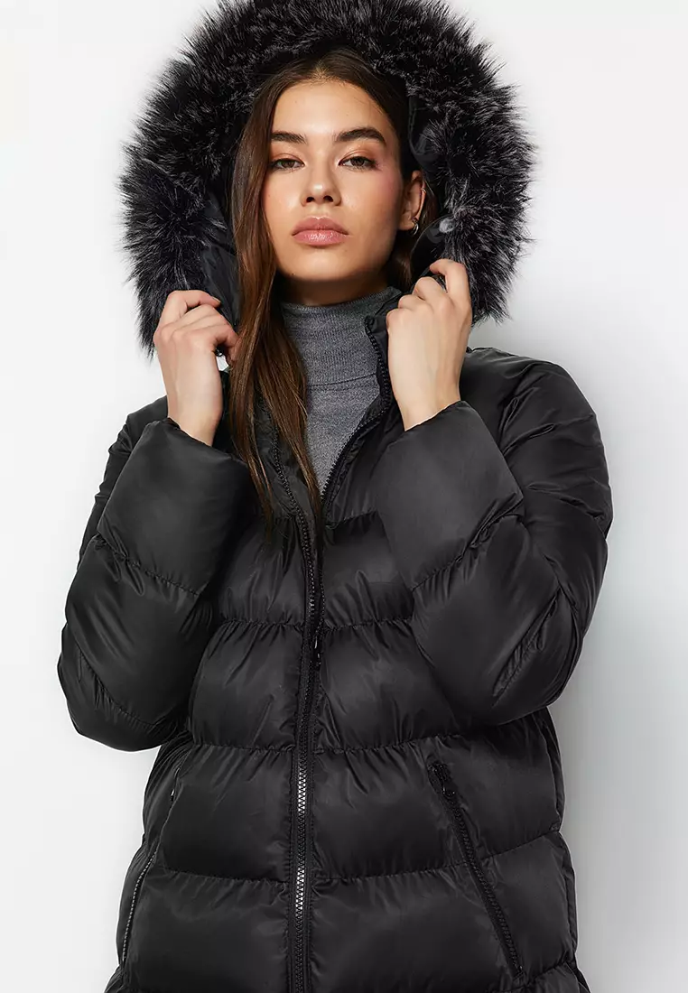 Black Fur Hooded Water Repellent Long Puffer Jacket TWOAW24MO00079