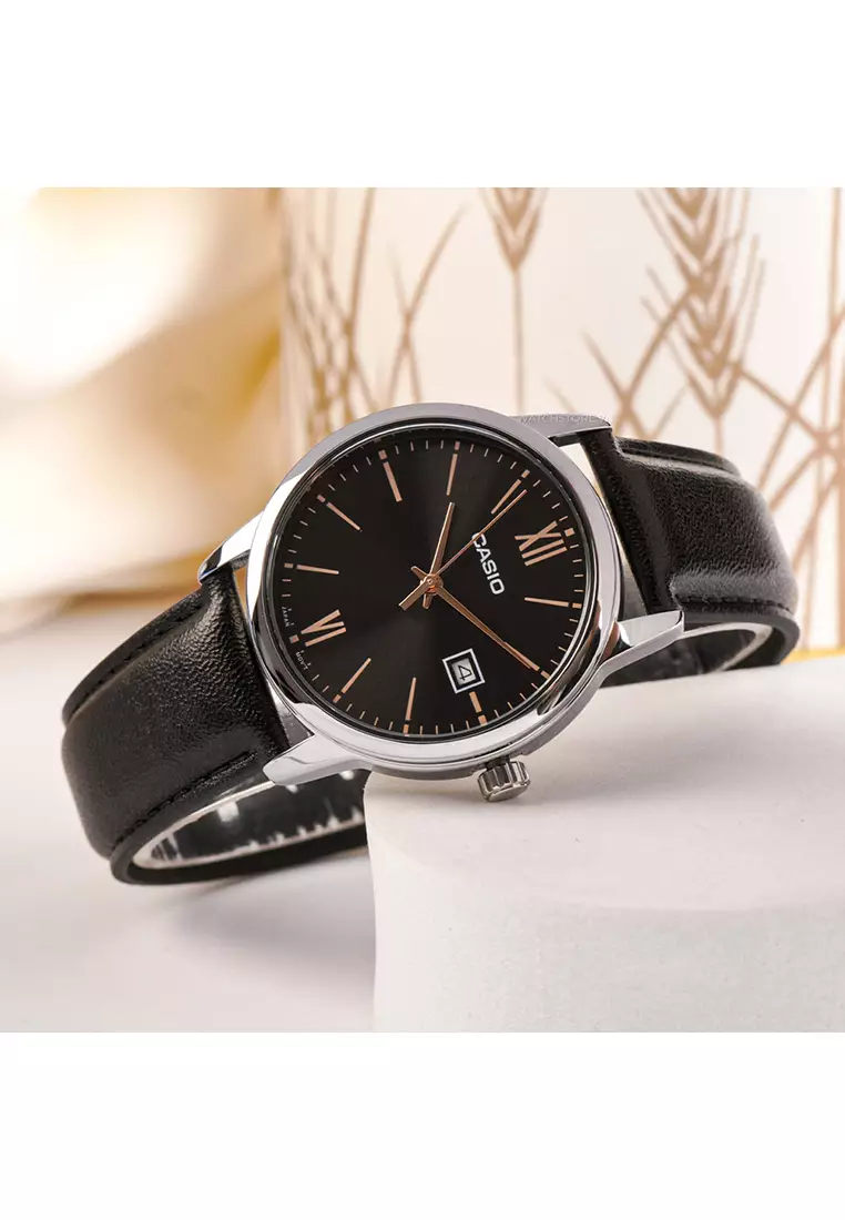 Men Analog Watch MTP-V002L-1B3 Black Leather Strap