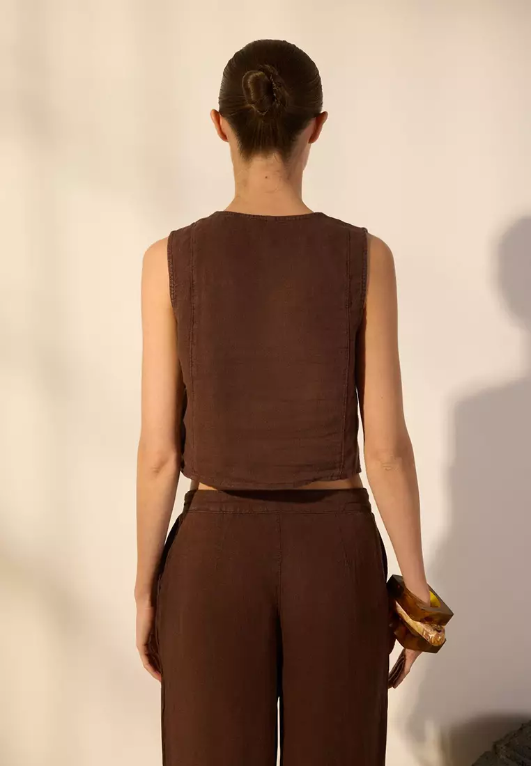 Brown 100% Linen Fitted Vest Twoss24Ye00040