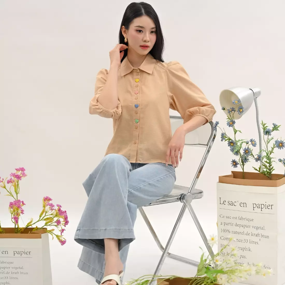 Rainbow Heart Button Puff Sleeve Shirt in Cream