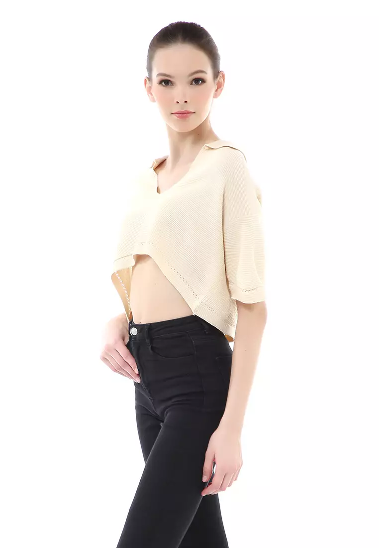 Albertine Atasan Crop Wanita Lengan Pendek Blouse Vneck Motif Polos Material Rajut ORIGINAL - Cream
