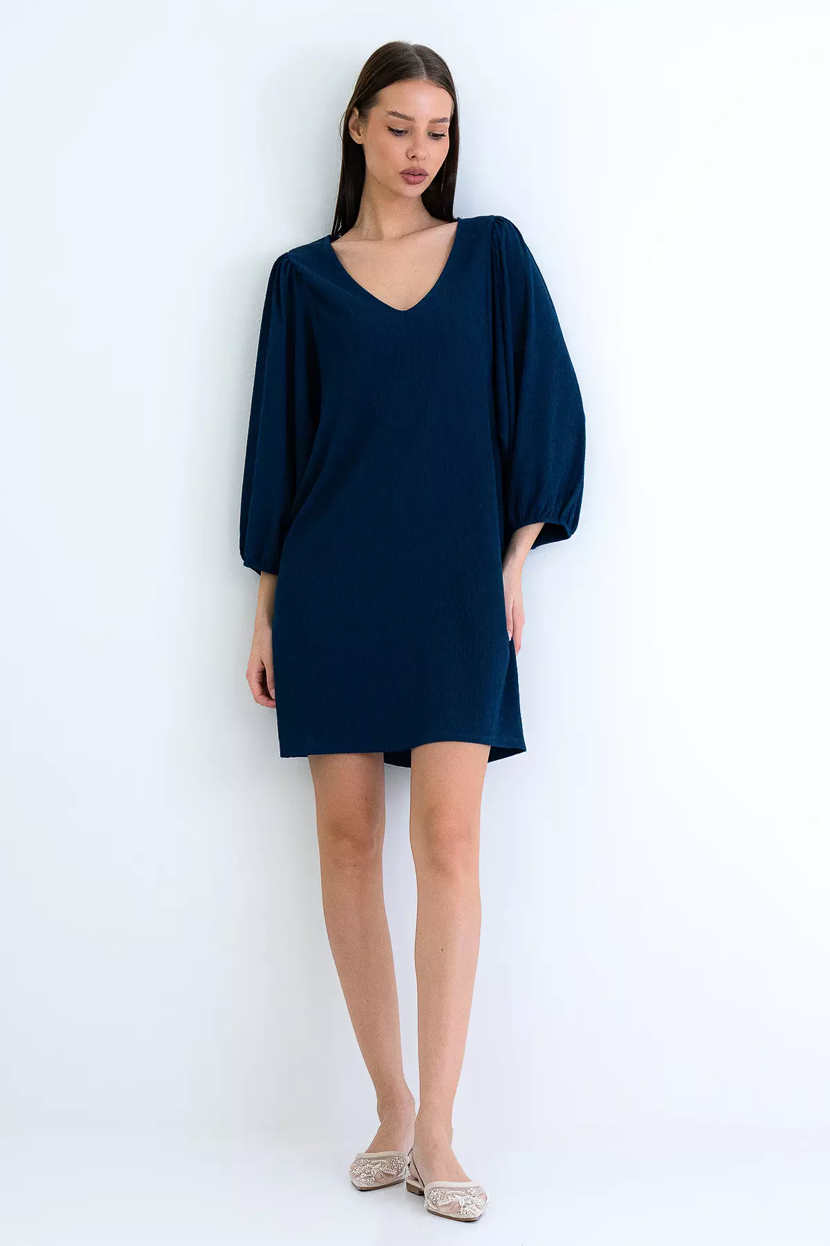 Navy Blue V-Neck Princess Sleeve Wrap Mini Dress Alc-X15160