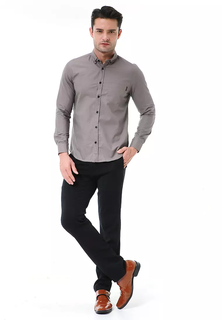 Leopold Kemeja Basic Pria Motif Polos Long Sleeve Material Cotton ORIGINAL - Dark Gray