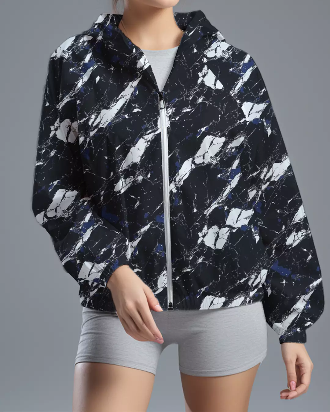 LSD75 Jaket Lari Olahraga Wanita Parasut motif "marble" hitam