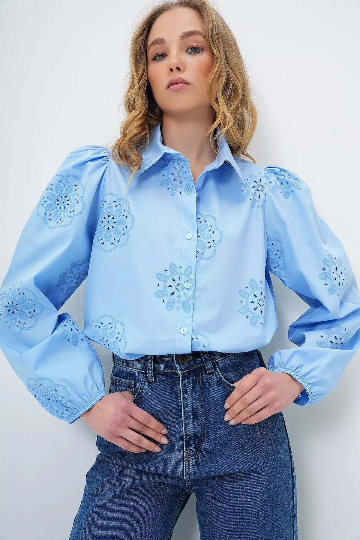 Women's Baby Blue Guipure Woven Premium Shirt Alc-X4366