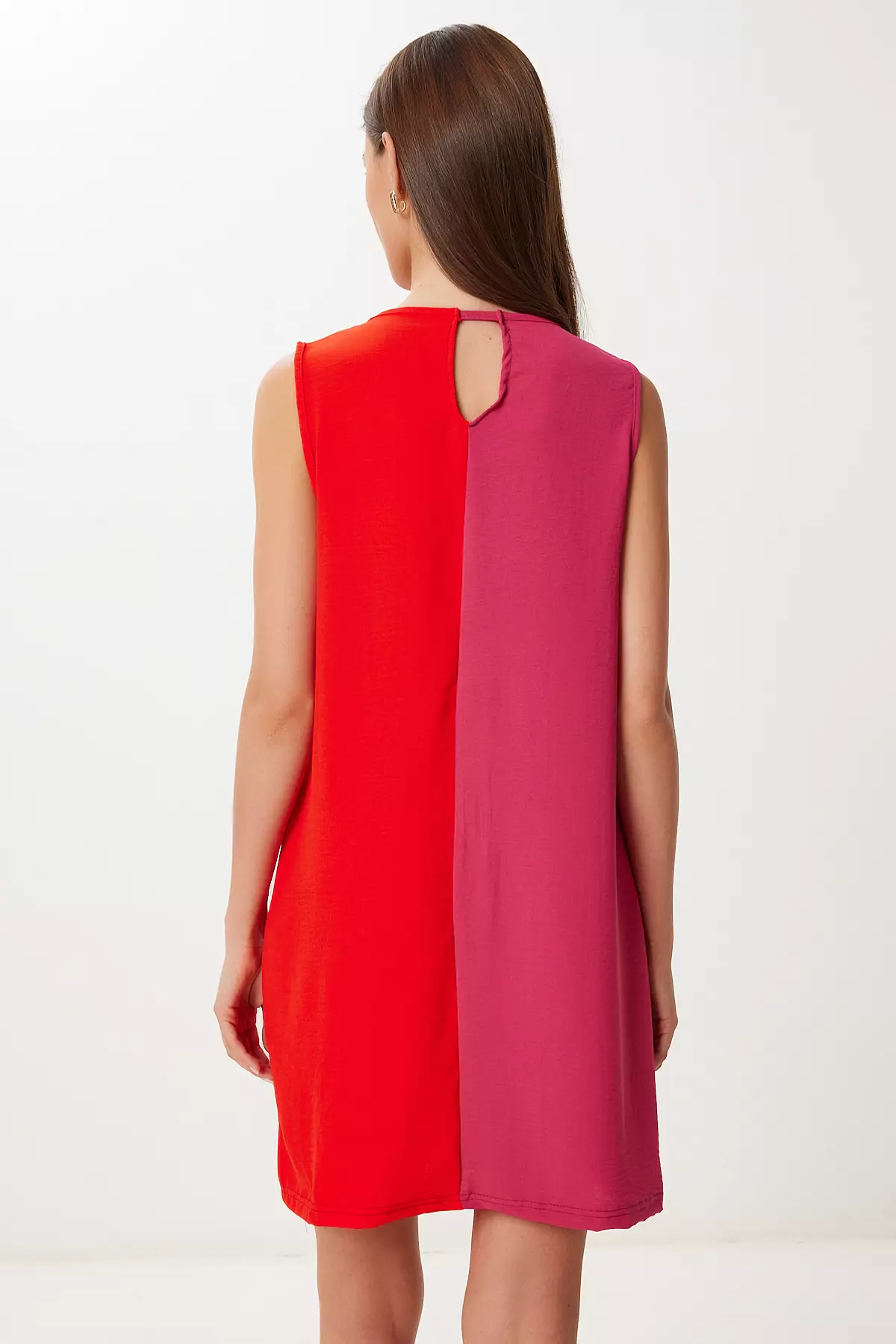 Women's Pink Red Contrast Color Mini Woven Dress Iy00001