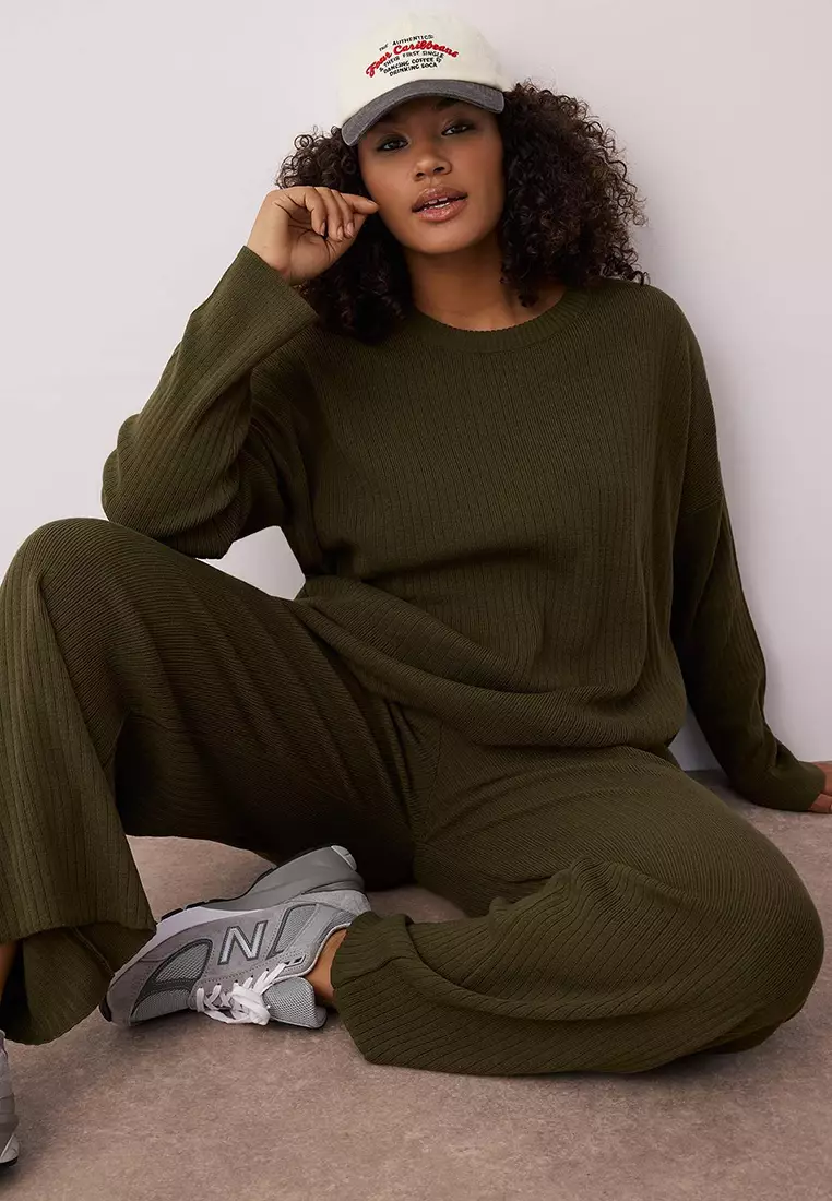 Khaki Corduroy Crew Neck Knitwear Sweater Pants Set Tbbaw23Cp00044