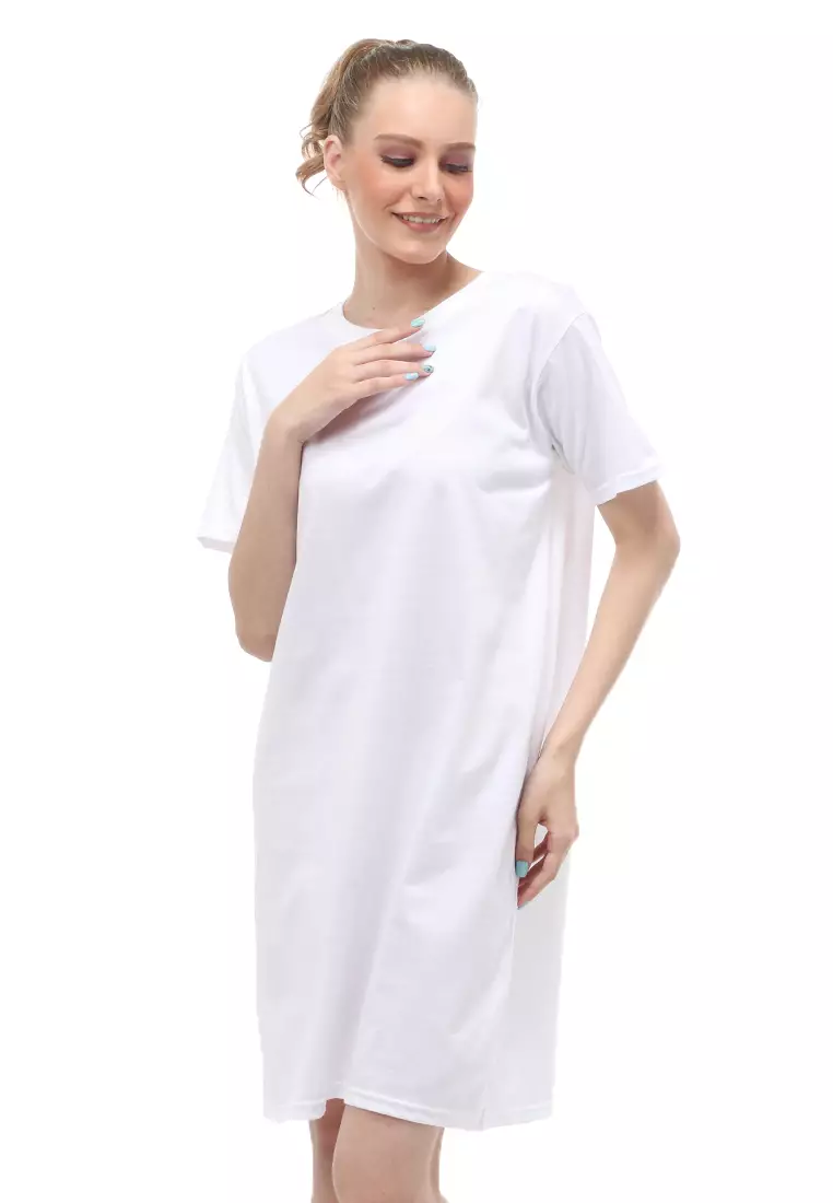 Finch Midi Dress Wanita Short Sleeves Motif Polos - Putih