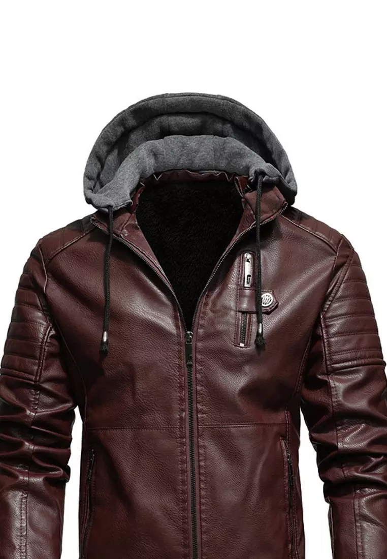 Mens faux leather deals jacket with hoodie