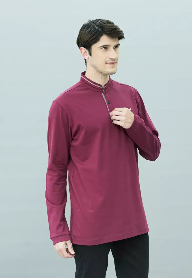 Johnwin - Kaos Henley - Kaos Lengan Panjang - Kerah Shanghai - Katun Premium