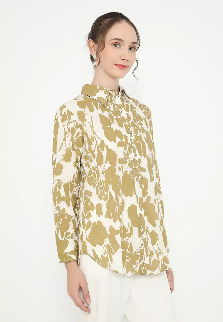 Floral Shirt In Cream With Long Sleeve By Brilliant Girl Warna CREAM