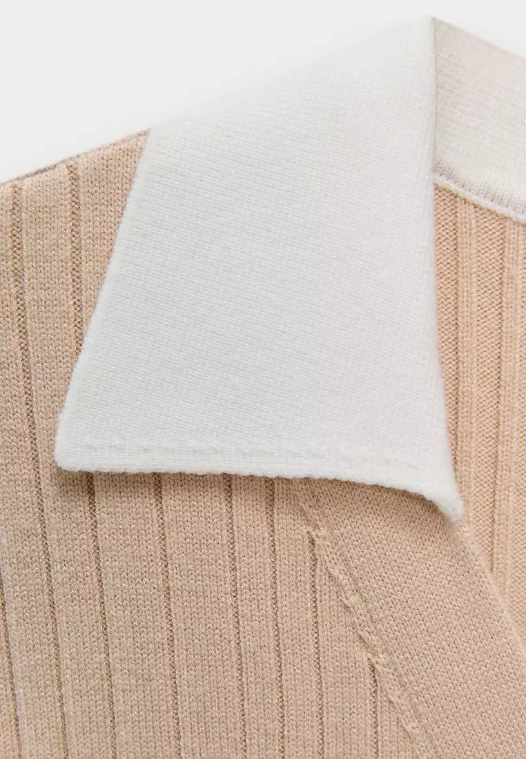 Contrast Collar Ribbed Pocket Cardigan - Beige