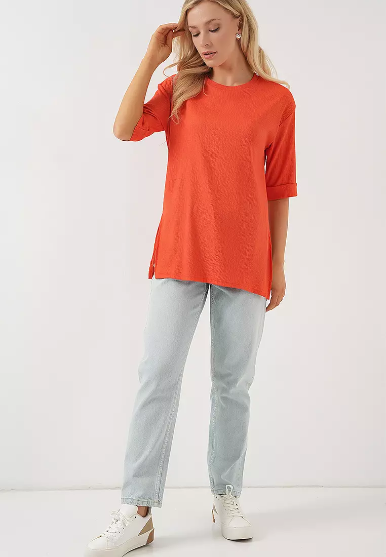 4332 Knitted T-Shirt With Side Slits - Orange