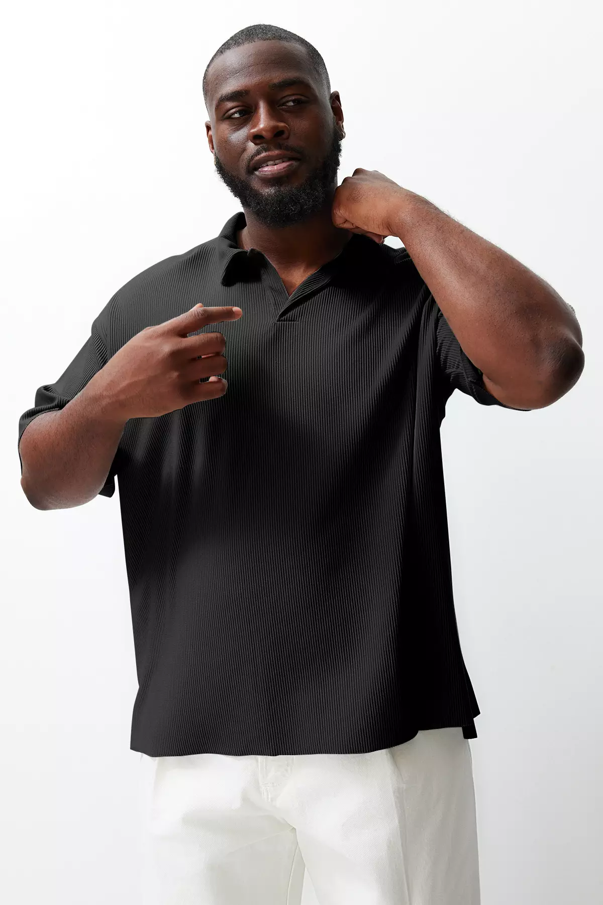 Big Size Black Oversized Textured Ottoman Polo Collar T-Shirt Tmnss24Bf00047