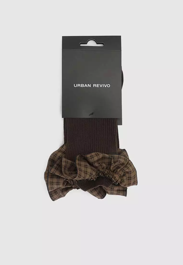 Plaid Ruffle Cuff Textured Knit Cotton Sock