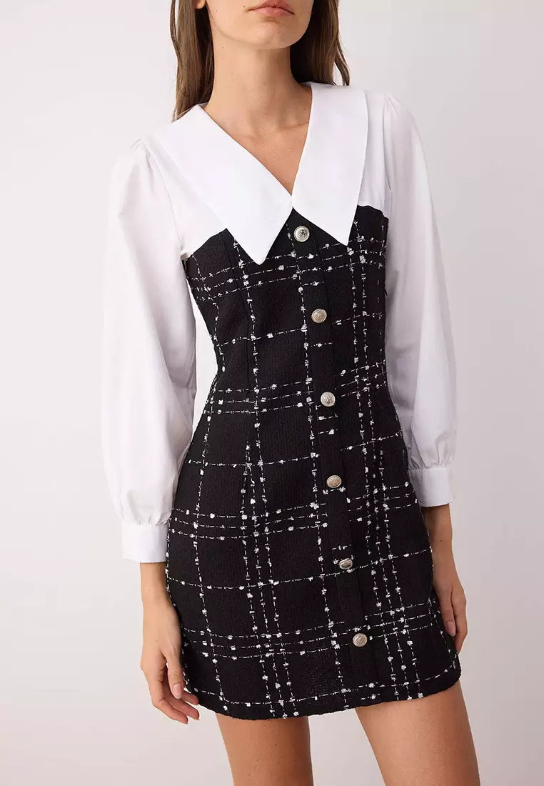 Black A-Line Shirt Collar Tweed Mini Woven Dress