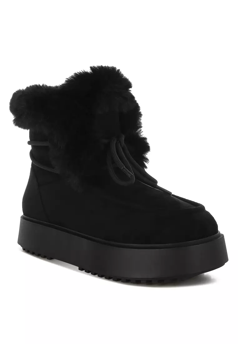 Faux Fur Collar Flatform Boots in Black