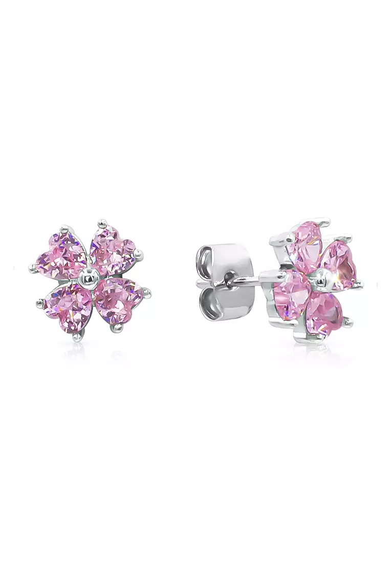 Alette Clover Pink Diamond Simulant Zirconia Pierced Stud Earrings with Pendant Chain Necklace Jewelry Gift Set