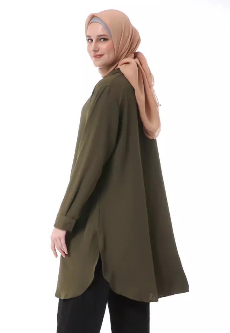 Azzahra Tunik Panjang Muslimah Wanita Long Sleeve Regular Fit Premium High Quality - Army