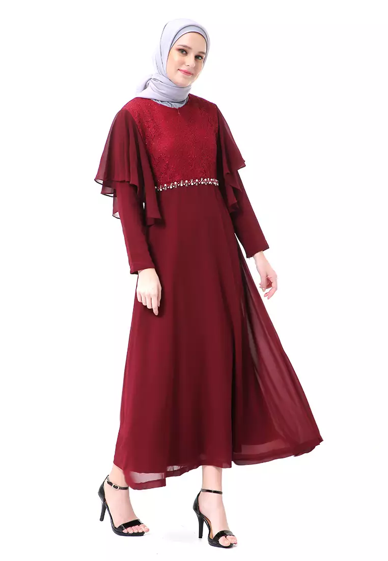 Hilda Dress Panjang Muslimah Wanita Long Sleeve High Quality Premium - Maroon