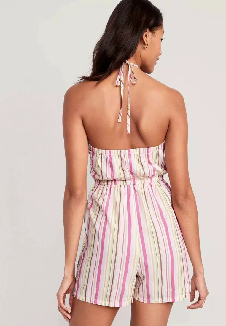 Striped O-Ring Halter Romper for Women -- 3.5-inch inseam