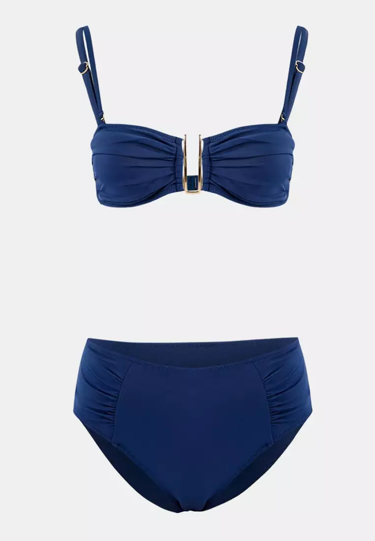 Dark Navy Strapless Covered Accessory Detailed High Waist Regular Bikini Set Tbess26Bt26