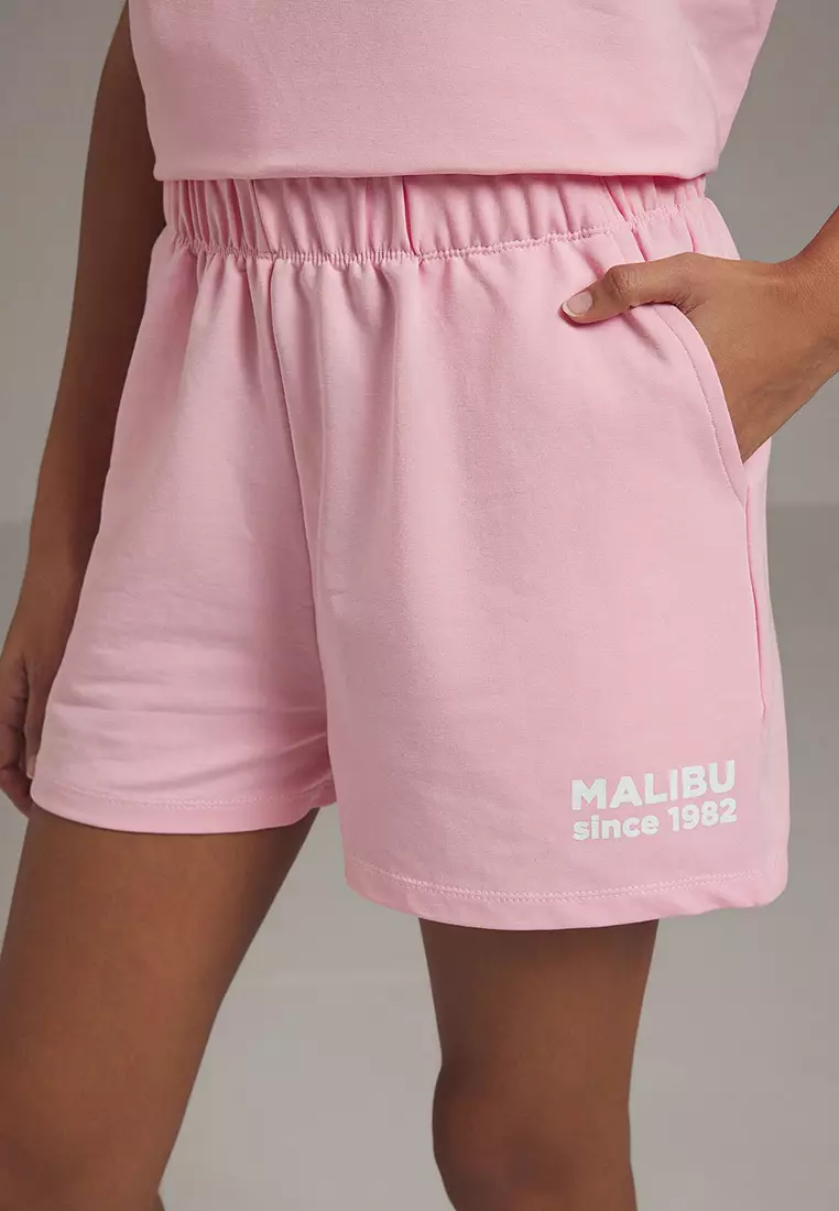Pink Relaxed/Comfortable Fit Slogan Printed T-shirt-Shorts Knitted Bottom-Top Set TWOSS25AU00104