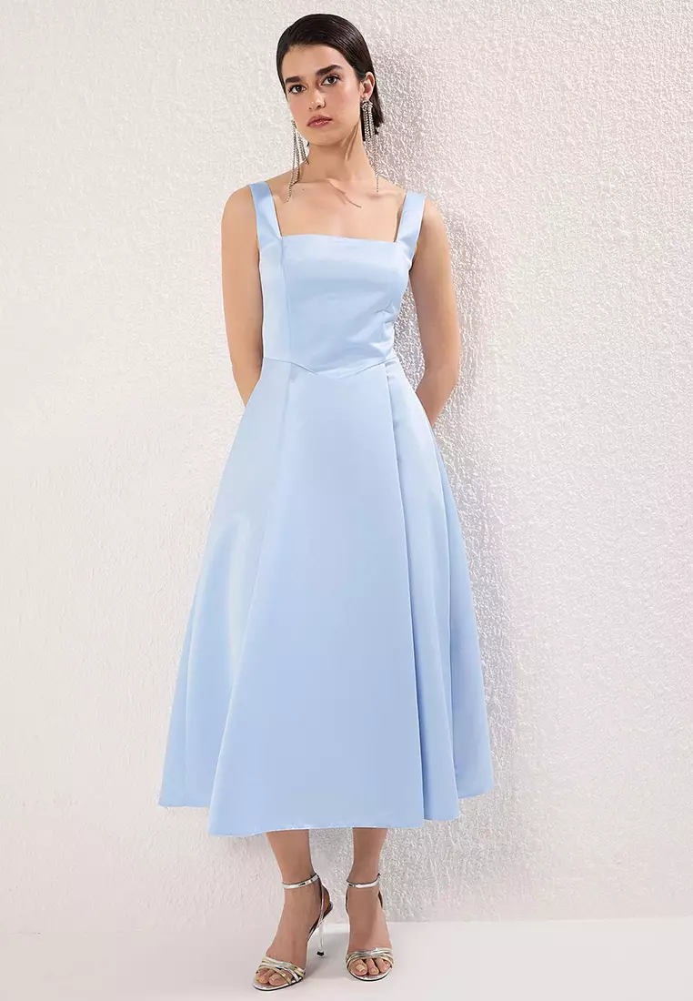 Light Blue Skirt Waist Open Woven Satin Midi Unlined Homecoming/Prom Dress