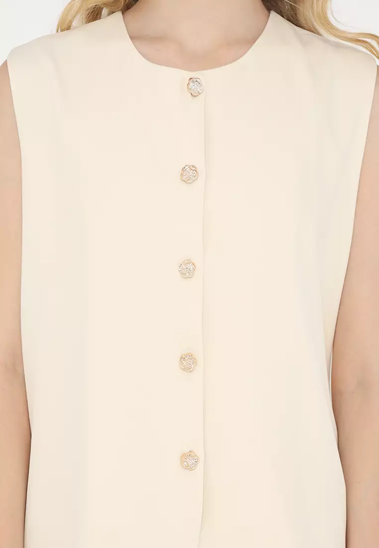 Plain Vest With Rose Button In Cream By Brilliant Girl Warna CREAM