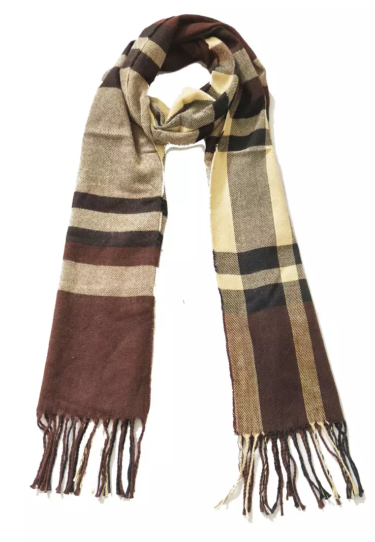 Aksesoris Wanita Checkered Acrylic Muffler Shawl syal kotak-kotak Brown & Multi 