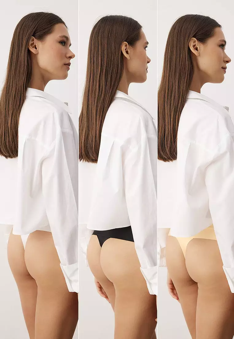 Black-White-Skin 3-Pack Seamless/Non-Trace Laser Cut Micro Knitted Thong Panties