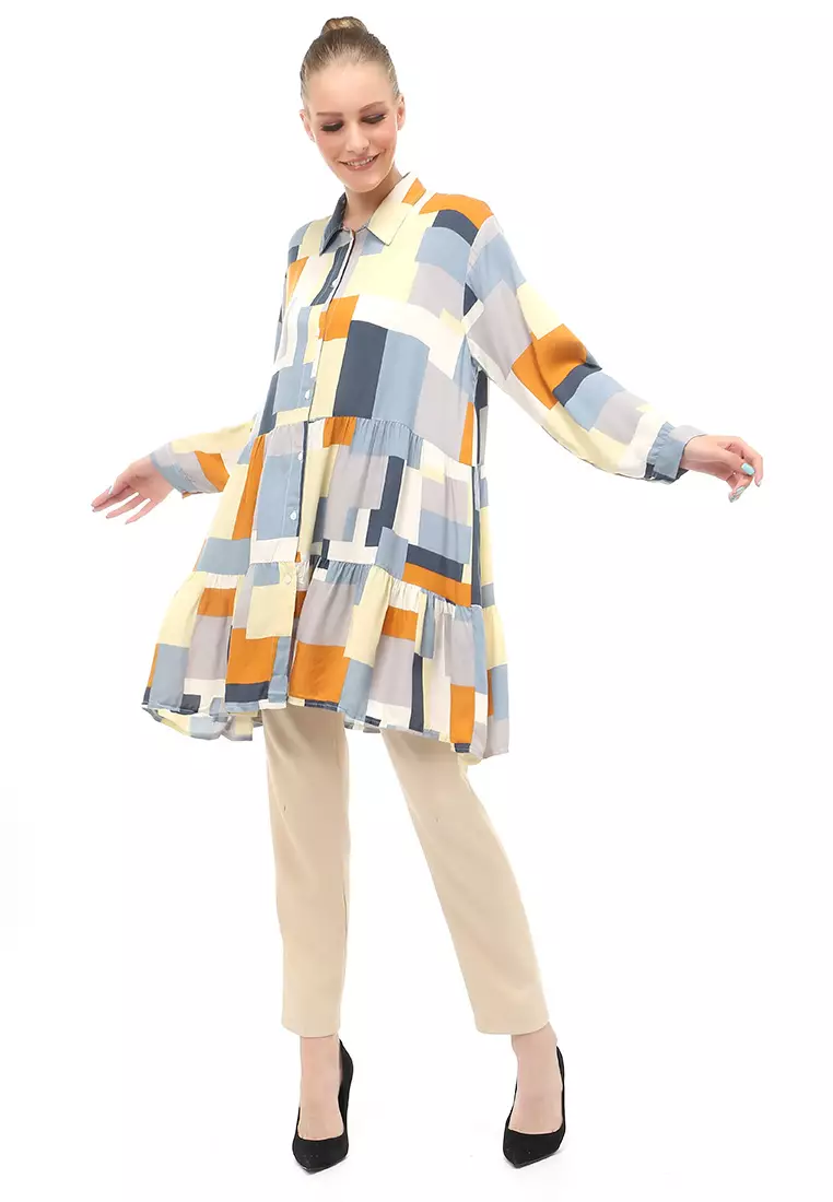 Tunik Atasan Wanita Long Sleeves Motif Abstrak Multicolor Relaxed Fit - Motif 2