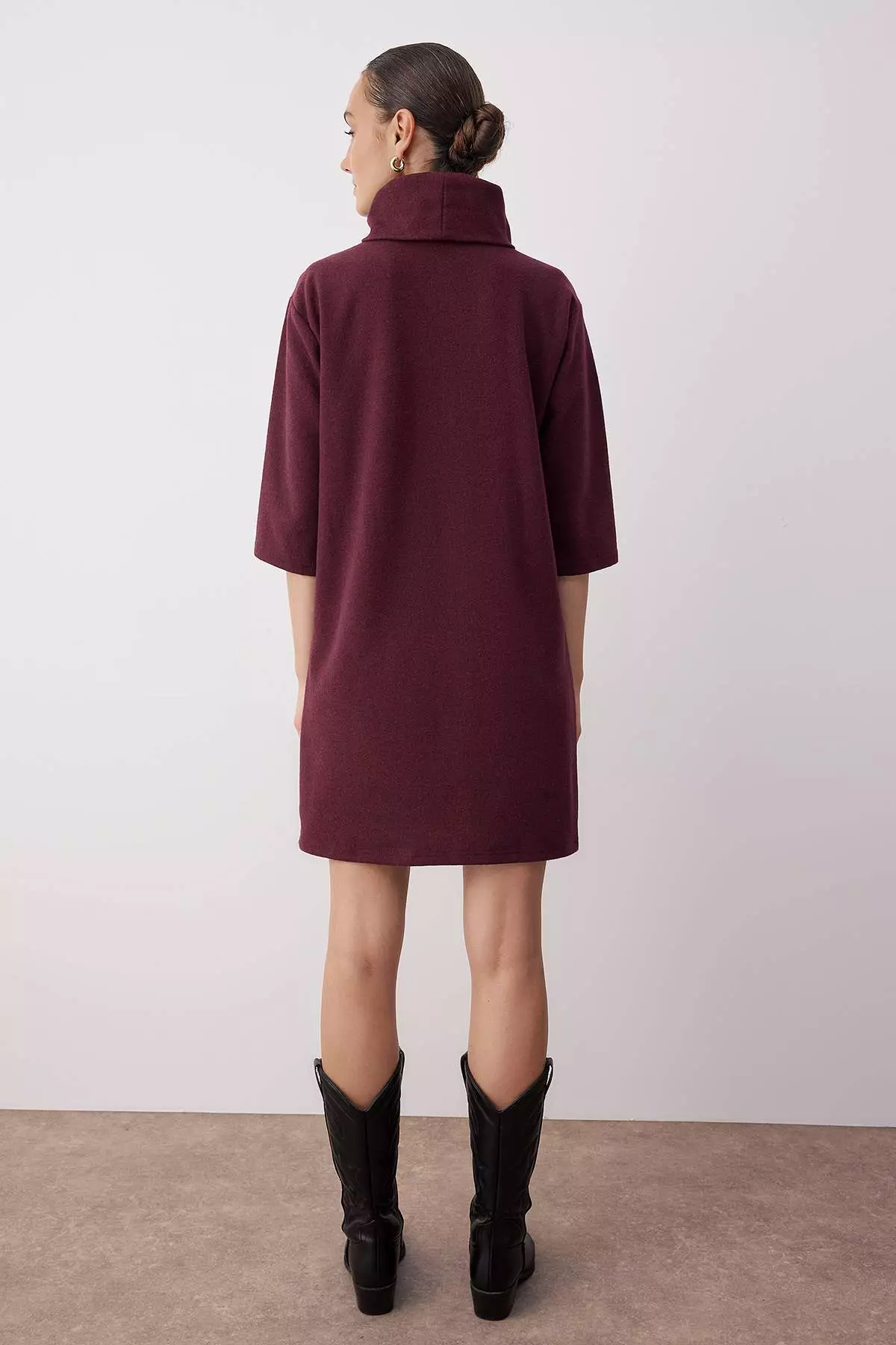 Plum Turtleneck Shift/Plain Mini Selanik Long Sleeve Knitted Dress