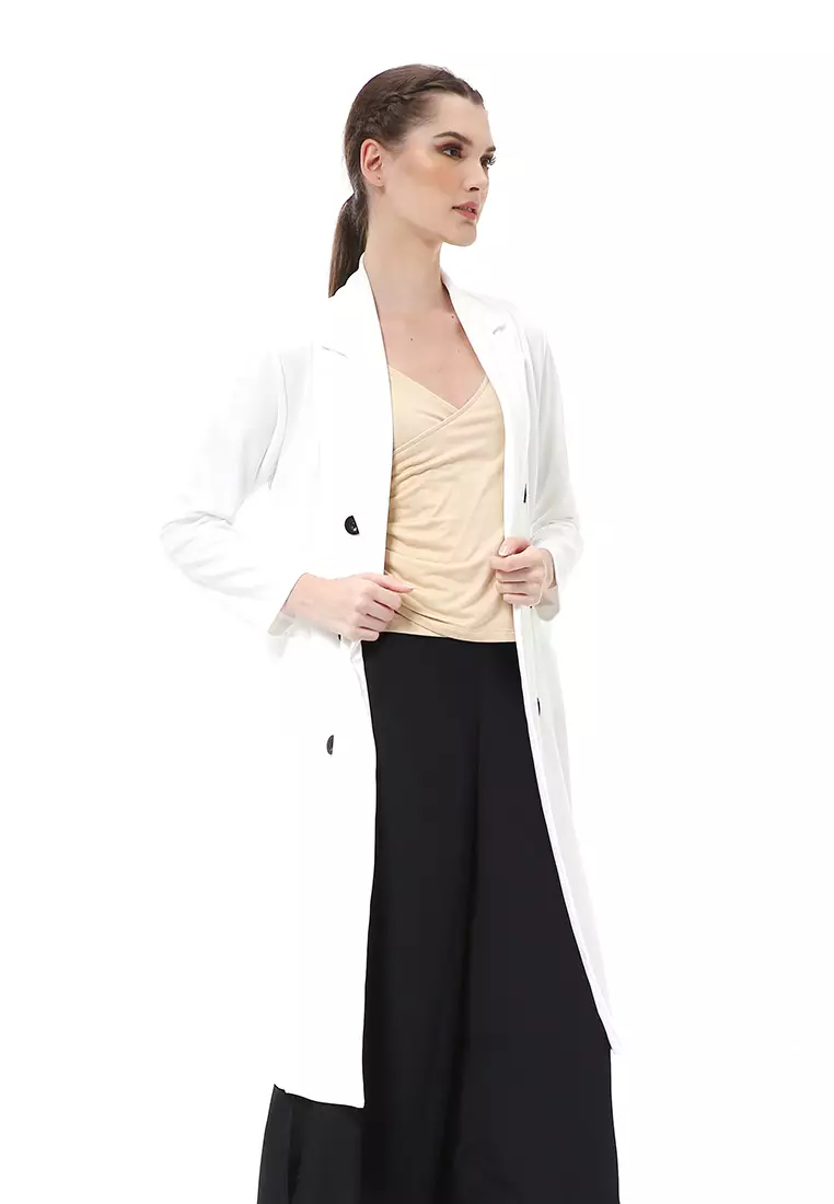 Myra Outerwear Wanita Long Blazer Desain Kancing Plain Motive Material Wedges ORIGINAL - White
