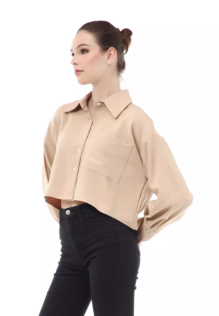 Brielle Atasan Wanita Kemeja Casual Lengan Panjang Oversize Shirt Material Polyester Cationic - Cream