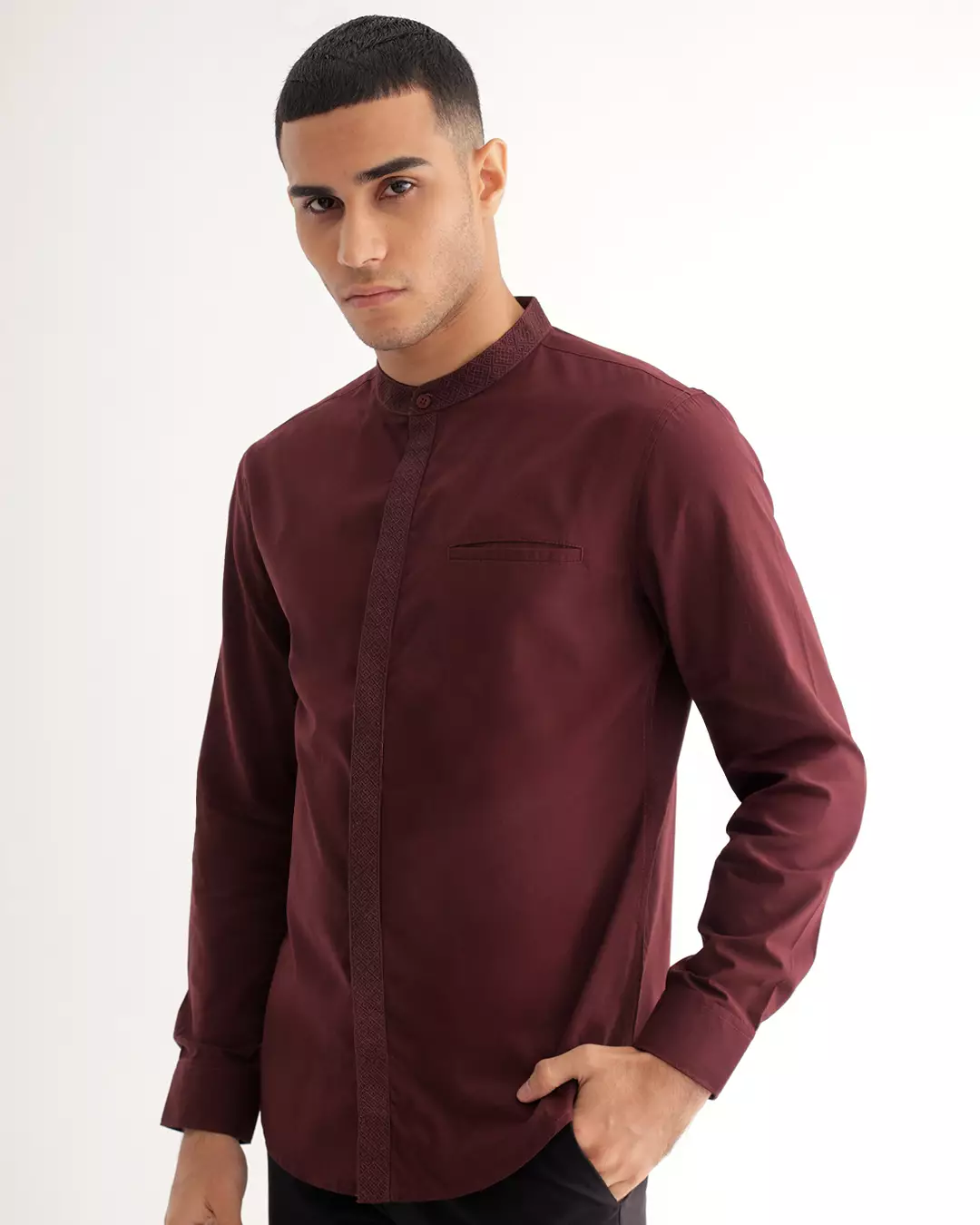 OXCON Kemeja Tangan Panjang koko bordir embrodiery collarless shirt Maroon