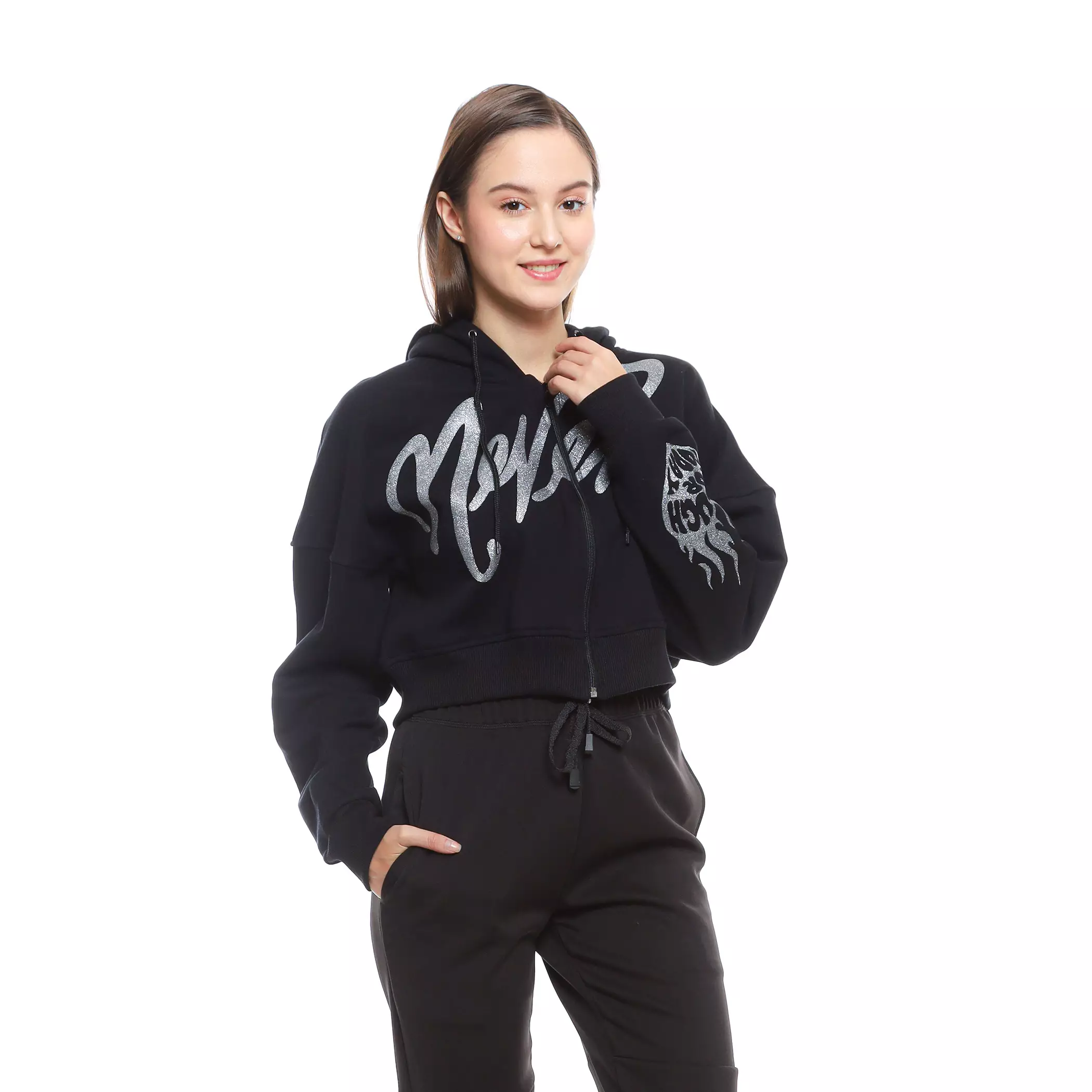 Enough For Today - Hoodie Crop Oversize Zipper Resleting Wanita Hitam Never Blink
