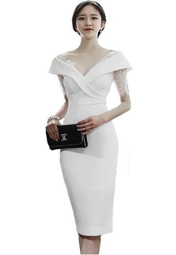 Sunnydaysweety 2023 S/S Simple Sexy V-Neck Lace Cuffs Slim Fit Midi Dress  A23022417 | ZALORA Philippines